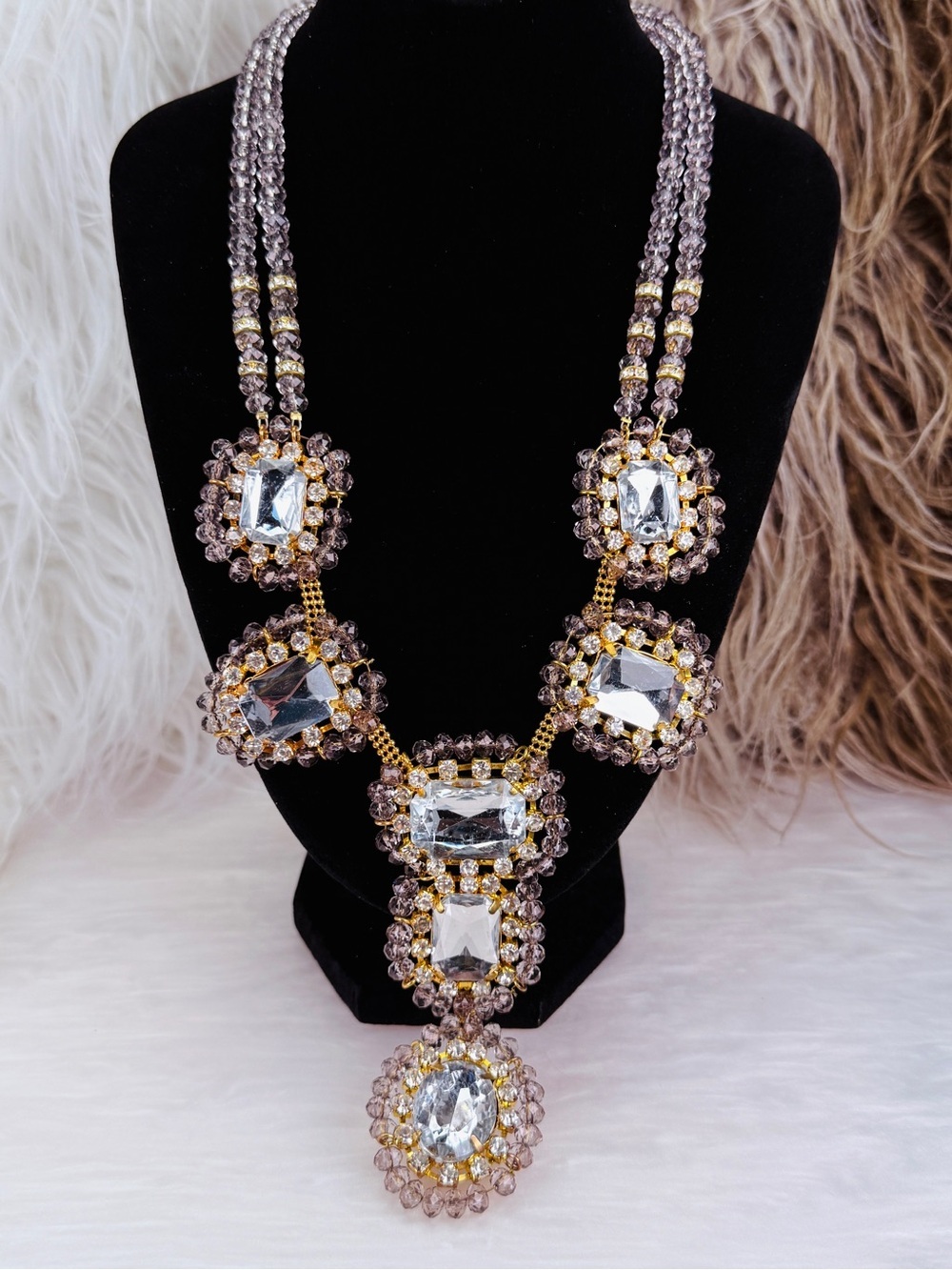 Smoky Lavender Gray Goldtone Oversized Y Drop Statement Necklace